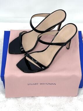 Stuart Weitzman Aleena 100 Black Patent Mule Sandals Square Toe 8 w/ Box